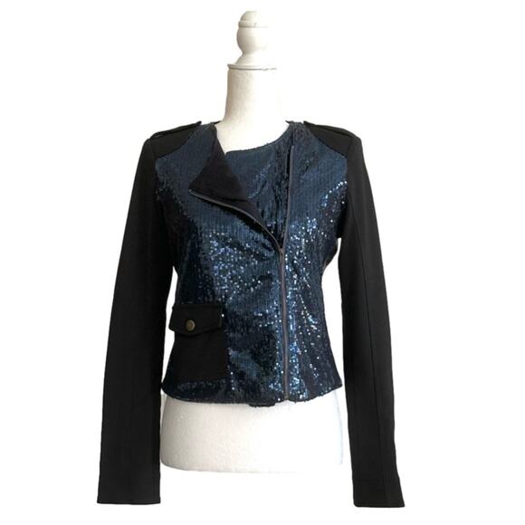 Lumiere Jacket Blazer Coat Black Blue Sequins Zip Cropped Party Small NEW - Picture 7 of 16